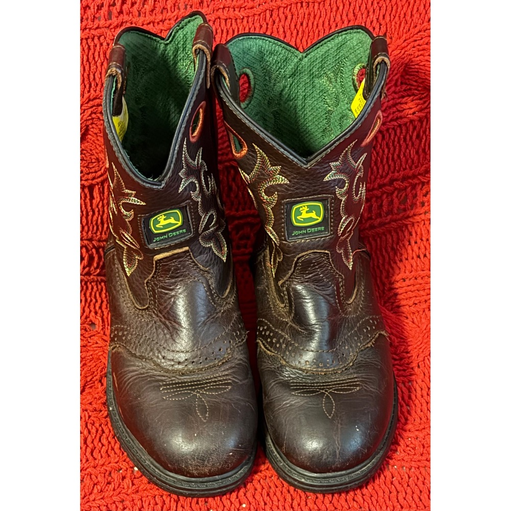 John Deere Kids Dark Brown Leather Western Cowboy Boots JD2654 Size 13.5 M